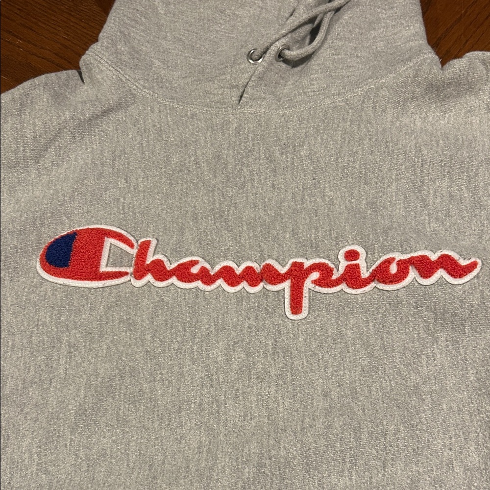 Champion Heather Gray reverse-weave, Hoodie with Red and Blue Logo